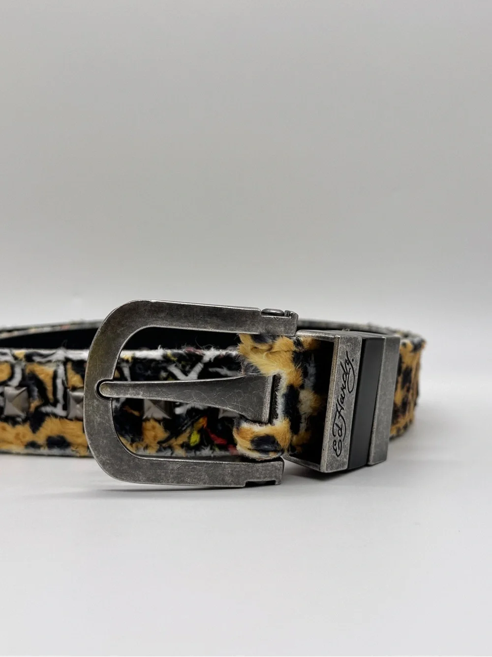 Ed Hardy Belt Size 34 Tiger Leopard Print Studded Faux Fur Rhinestone Buckle NWT